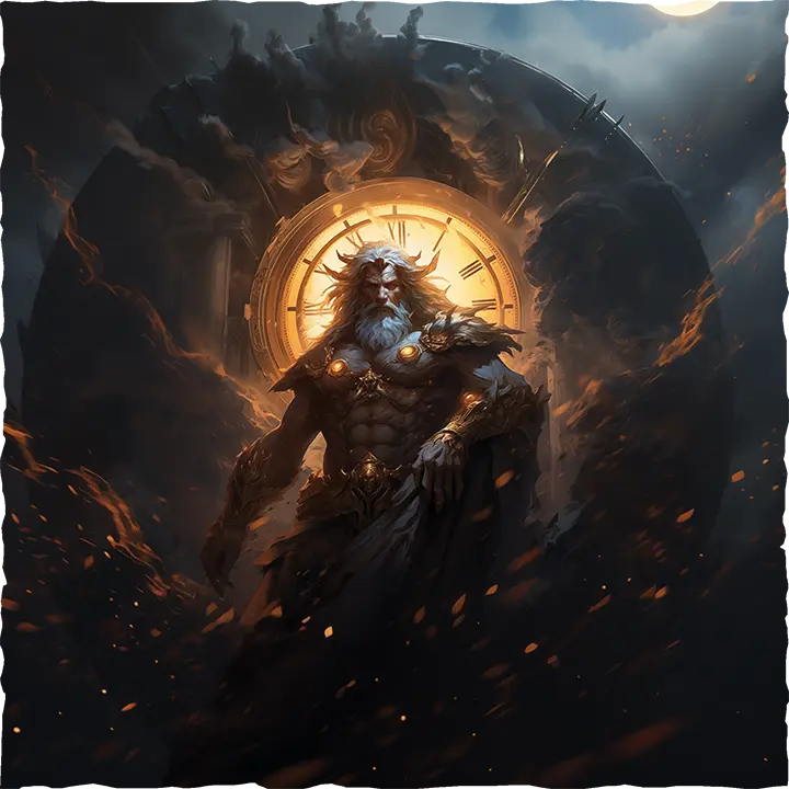 Chronos the god of time standing in front of a giant clock gate in the dark