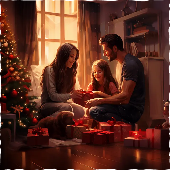 Family of three opening gifts during Christmas in their living room next to their Christmas tree